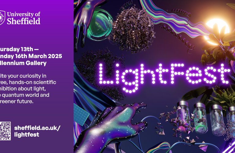 The image shows the word "LightFest" in made up of small white dots on a purple background surrounded by digital illustrations. On the left is written "Thursday 13th - Sunday 16th March 2025 Millennium Gallery Ignite your curiosity in a free, hands on scientific exhibition about light, the quantum world and a greener future".