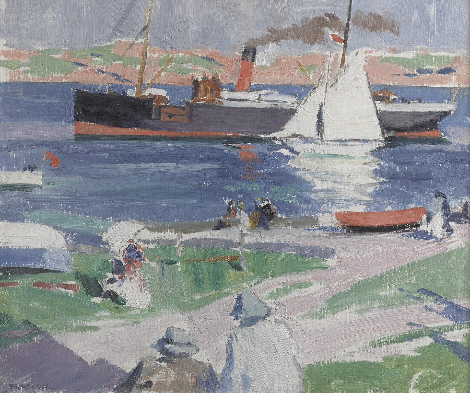 A painting of a coastline in blue, white, orange and green. On the water there is a ferry, a yacht and a small boat. On the land there are abstract figures and small boat. 