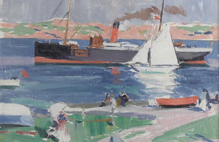 A painting of a coastline in blue, white, orange and green. On the water there is a ferry, a yacht and a small boat. On the land there are abstract figures and small boat. 