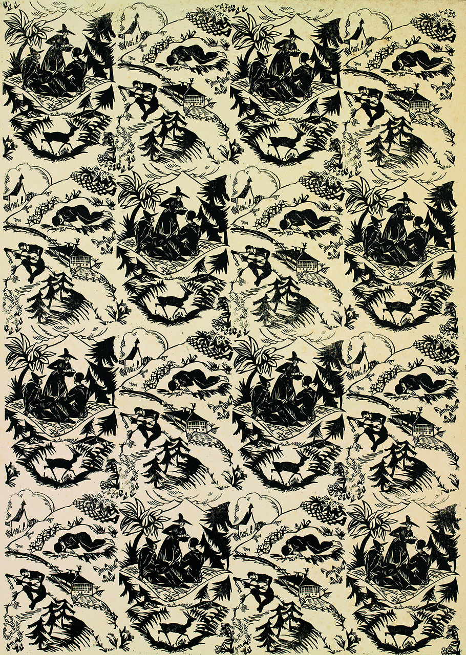 A monochrome repeating pattern featuring a group of three figures in pointed hats, a mountain landscape and a deer.