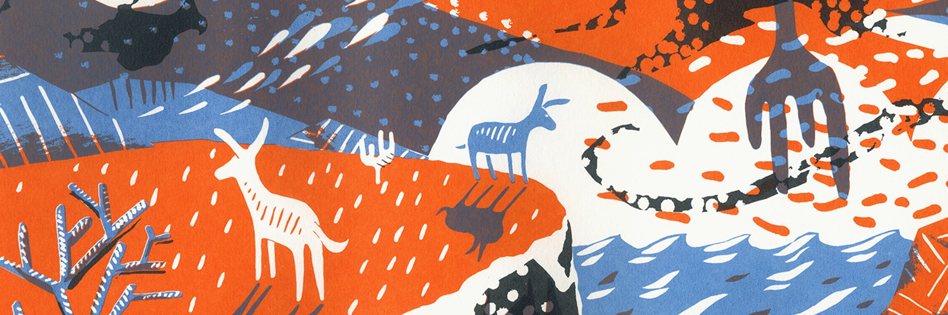 A colourful, abstract, screen print scene. The image features blues, greys and oranges. There are two donkeys stood on a cliff with the sea below, to the right. The sky is made up of swirls, raindrops and blocks of colour.