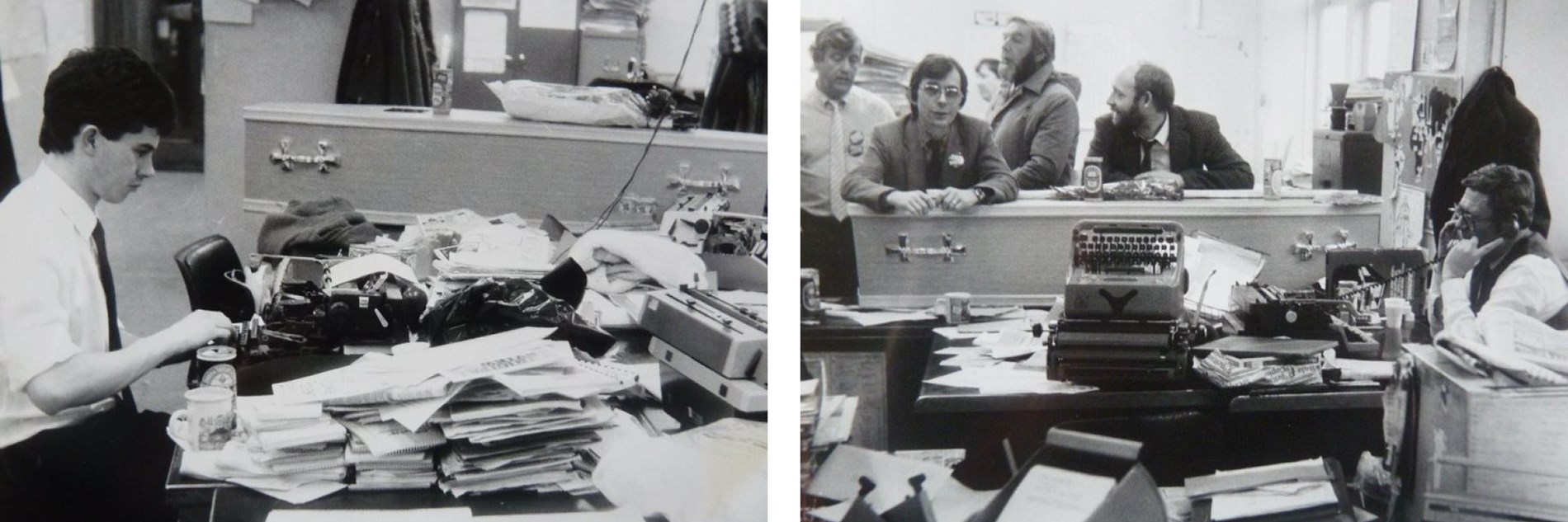A composite of two black and white photographs. One shows a journalist working at a typewriter on a desk covered with papers - in the background is an empty coffin. The other shows journalists leaning on the coffin while another reporter takes a phone call at his desk in front of it.