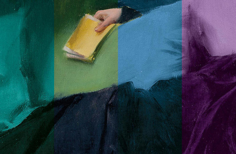 A painting of a woman reclining on a sofa with a book in her hand. The image has eight panels of colour overlaid on top of it.