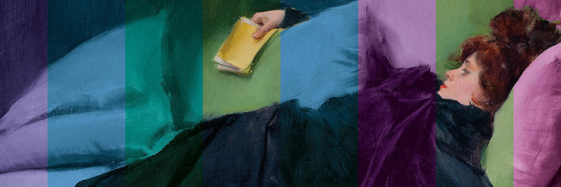 A painting of a woman reclining on a sofa with a book in her hand. The image has eight panels of colour overlaid on top of it.