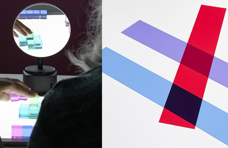 A composite image of two photographs. The left image shows two people using a lightbox in a darkened room. They are placing colourful shapes on the light and there is also a round mirror placed in front of them. The second image is of three coloured strips of red, blue and purple, all on the light box.