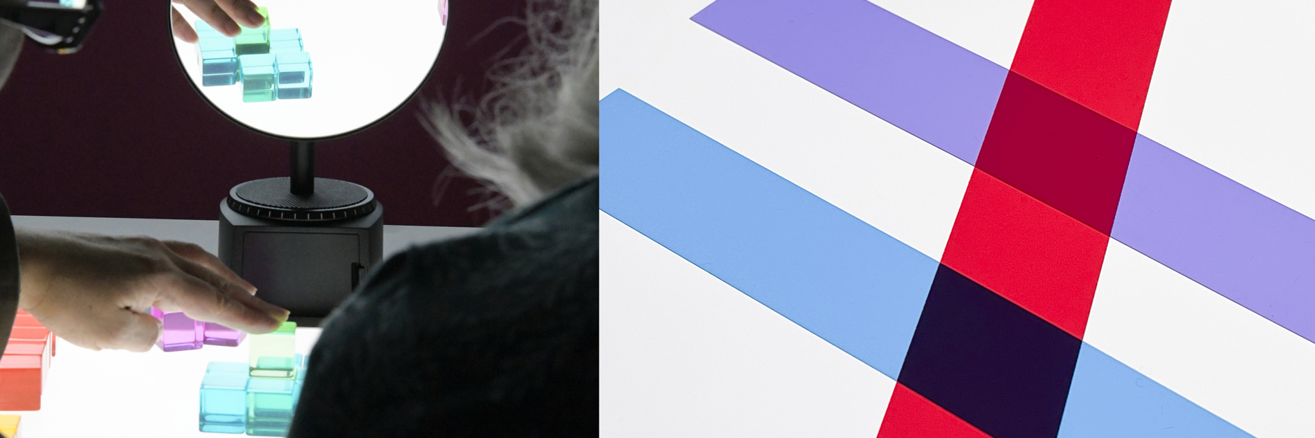 A composite image of two photographs. The left image shows two people using a lightbox in a darkened room. They are placing colourful shapes on the light and there is also a round mirror placed in front of them. The second image is of three coloured strips of red, blue and purple, all on the light box.