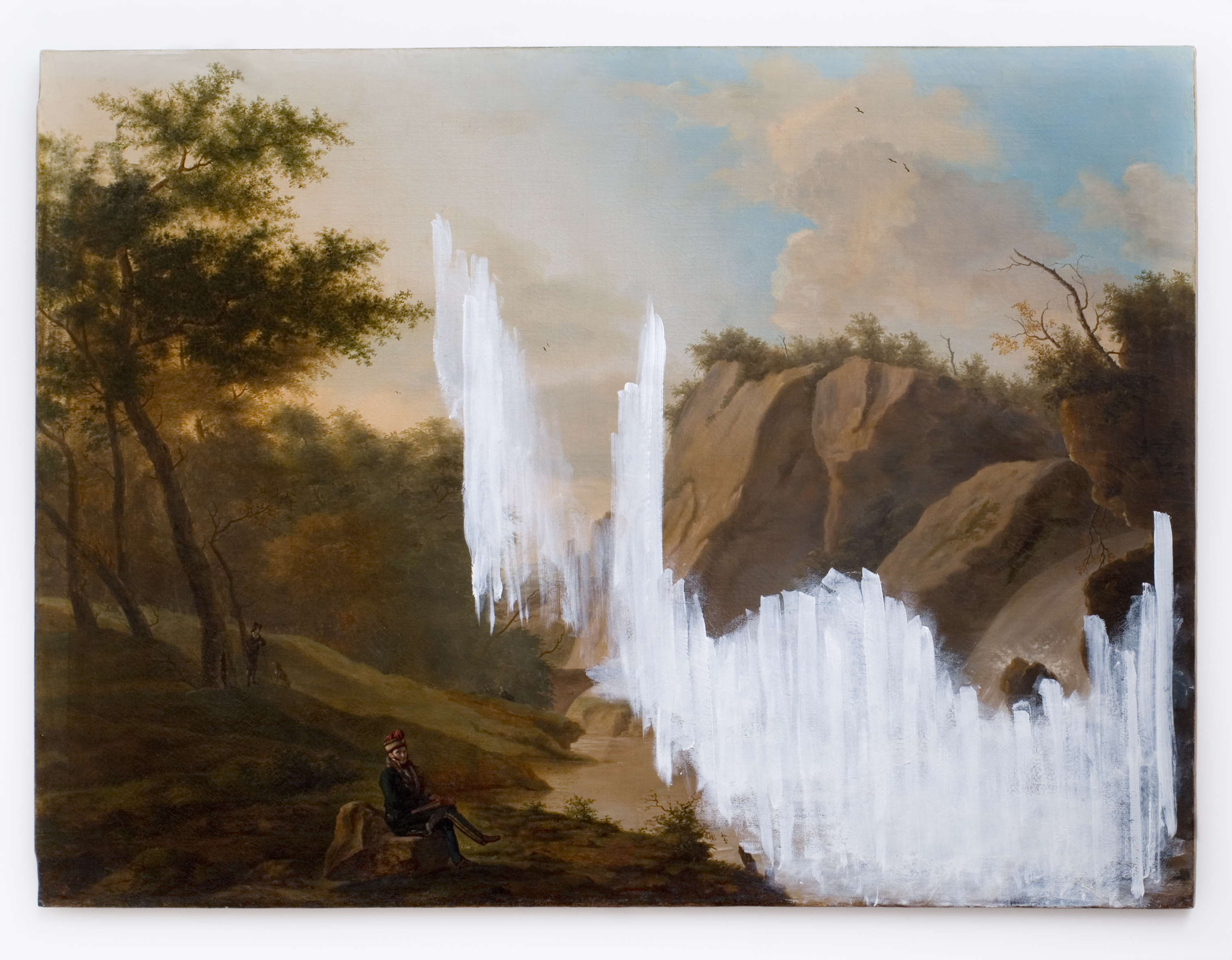 An image of a picturesque landscape with a pale blue sky. There is a large tree extending up the left side of the image, with a smartly dressed man sitting on a rock in the foreground. On the right there are large rocks, but they have mostly been obscured with thick swathes of white paint that extend across the painting like an aurora.