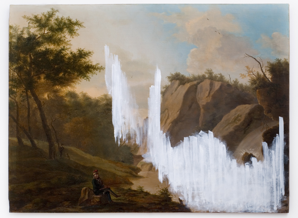 An image of a picturesque landscape with a pale blue sky. There is a large tree extending up the left side of the image, with a smartly dressed man sitting on a rock in the foreground. On the right there are large rocks, but they have mostly been obscured with thick swathes of white paint that extend across the painting like an aurora.