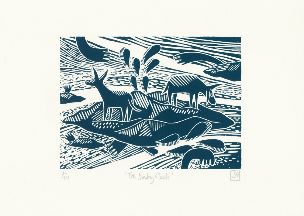 A linoprint image by James Green. Two donkeys stand atop a mound, with teardrop shapes and clouds filling the air around them. It is printed in dark blue ink.
