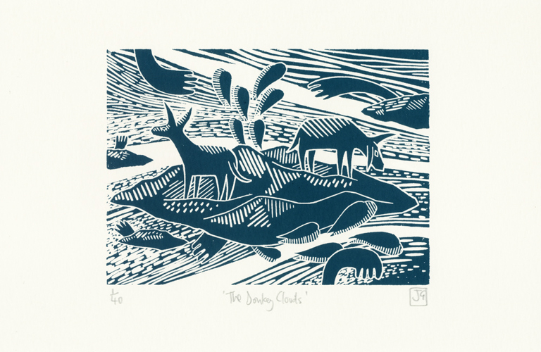 A linoprint image by James Green. Two donkeys stand atop a mound, with teardrop shapes and clouds filling the air around them. It is printed in dark blue ink.