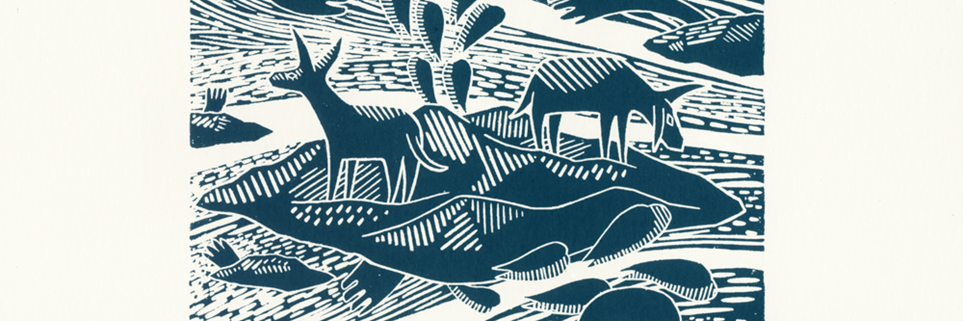 A linoprint image by James Green. Two donkeys stand atop a mound, with teardrop shapes and clouds filling the air around them. It is printed in dark blue ink.