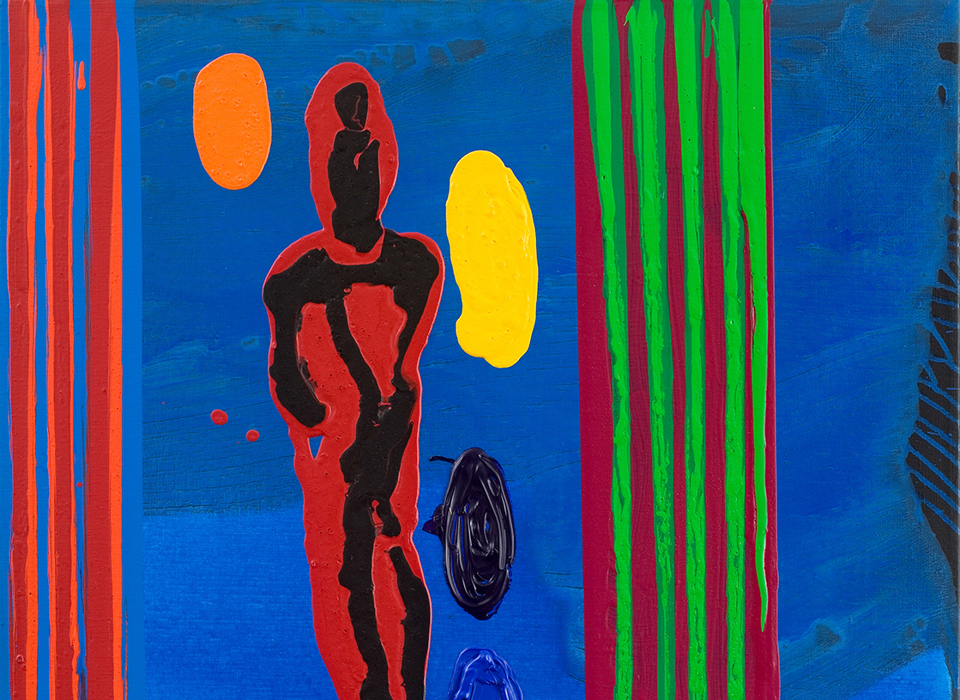 A photograph of John Hoyland's painting River Tales. River Tales has a blue background. Three red stripes come vertically down the left side of the painting. Next to that is a wider, more irregular red stripe with black paint streaked through. Ovals of orange, yellow, navy and blue are next to it. Then there is a pink rectangle that extends vertically down the piece, with four green stripes going down it. 