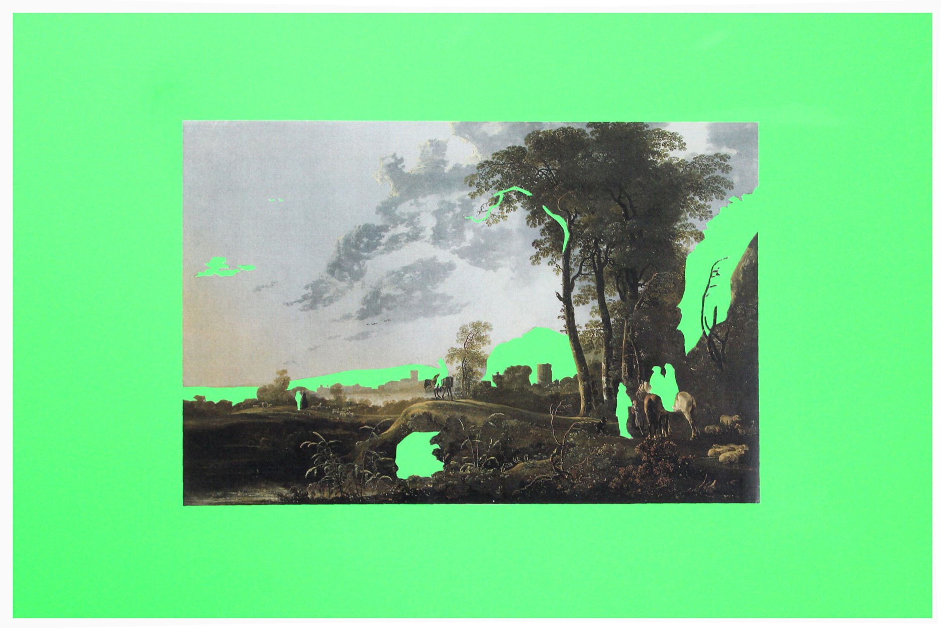 A traditional landscape painting with trees, figures on horseback and grey skies. There is a large tree to the right. The image has been digitally altered and features bright green accents. There is a bright green mount framing the landscape.