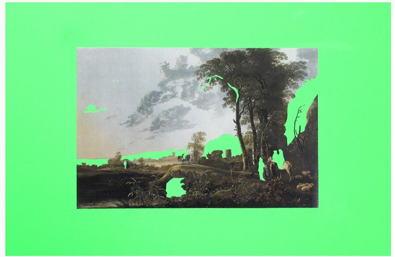 A traditional landscape painting with trees, figures on horseback and grey skies. There is a large tree to the right. The image has been digitally altered and features bright green accents. There is a bright green mount framing the landscape.