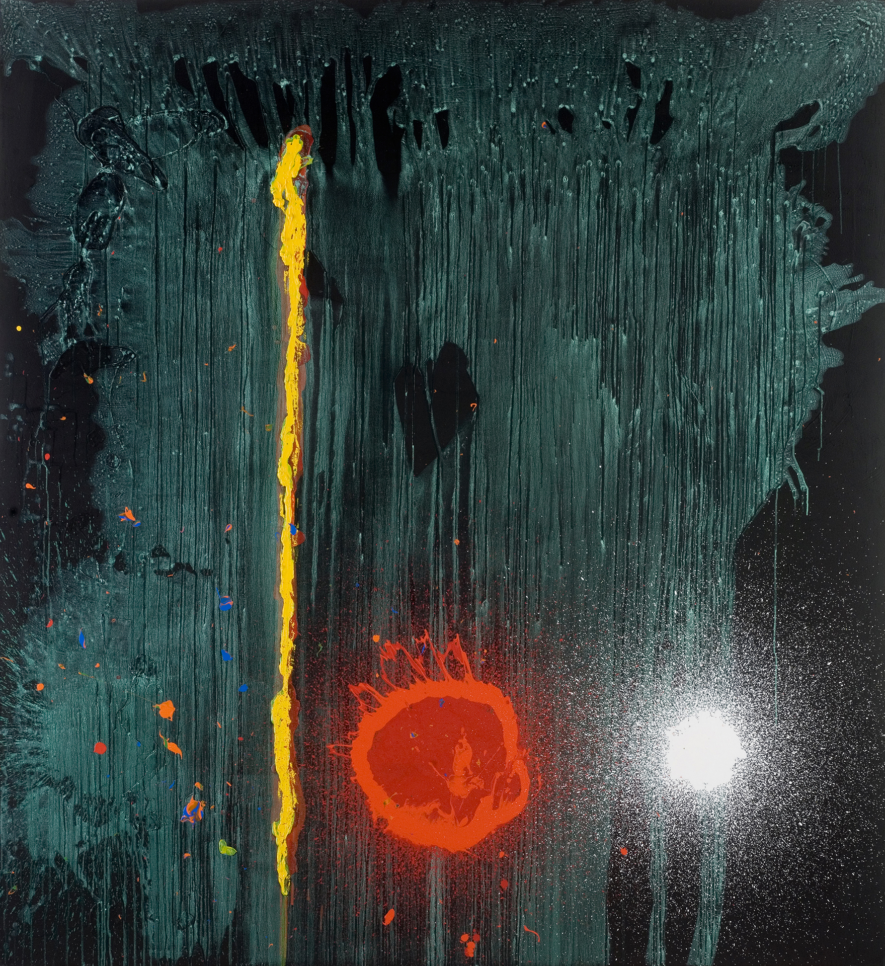 A vivid abstract painting in acrylic featuring a bright circular orange/red motif and a fiery vertical yellow streak on a turquoise and navy background.