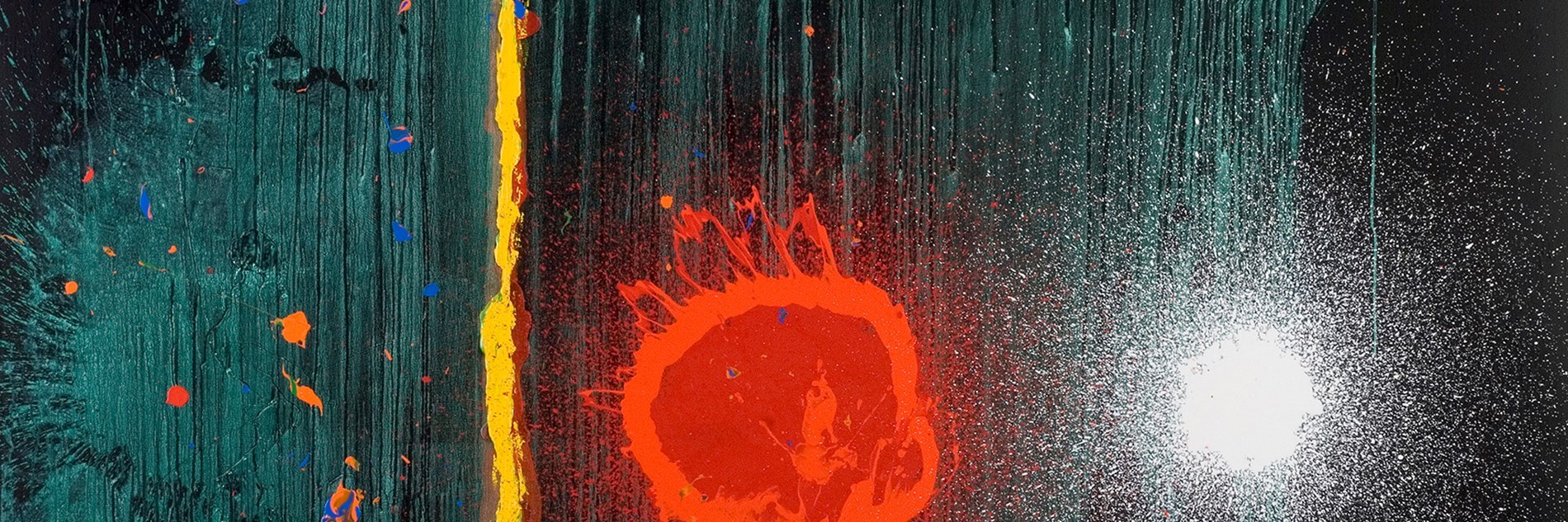 A vivid abstract painting in acrylic featuring a bright circular orange/red motif and a fiery vertical yellow streak on a turquoise and navy background.