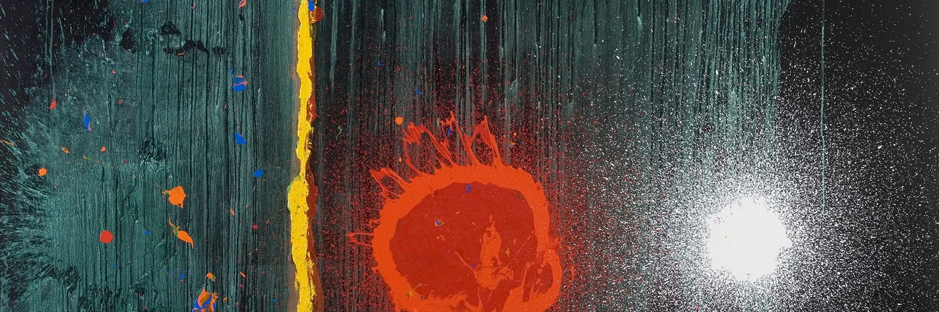 A vivid abstract painting in acrylic featuring a bright circular orange/red motif and a fiery vertical yellow streak on a turquoise and navy background.