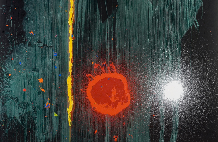 A vivid abstract painting in acrylic featuring a bright circular orange/red motif and a fiery vertical yellow streak on a turquoise and navy background.