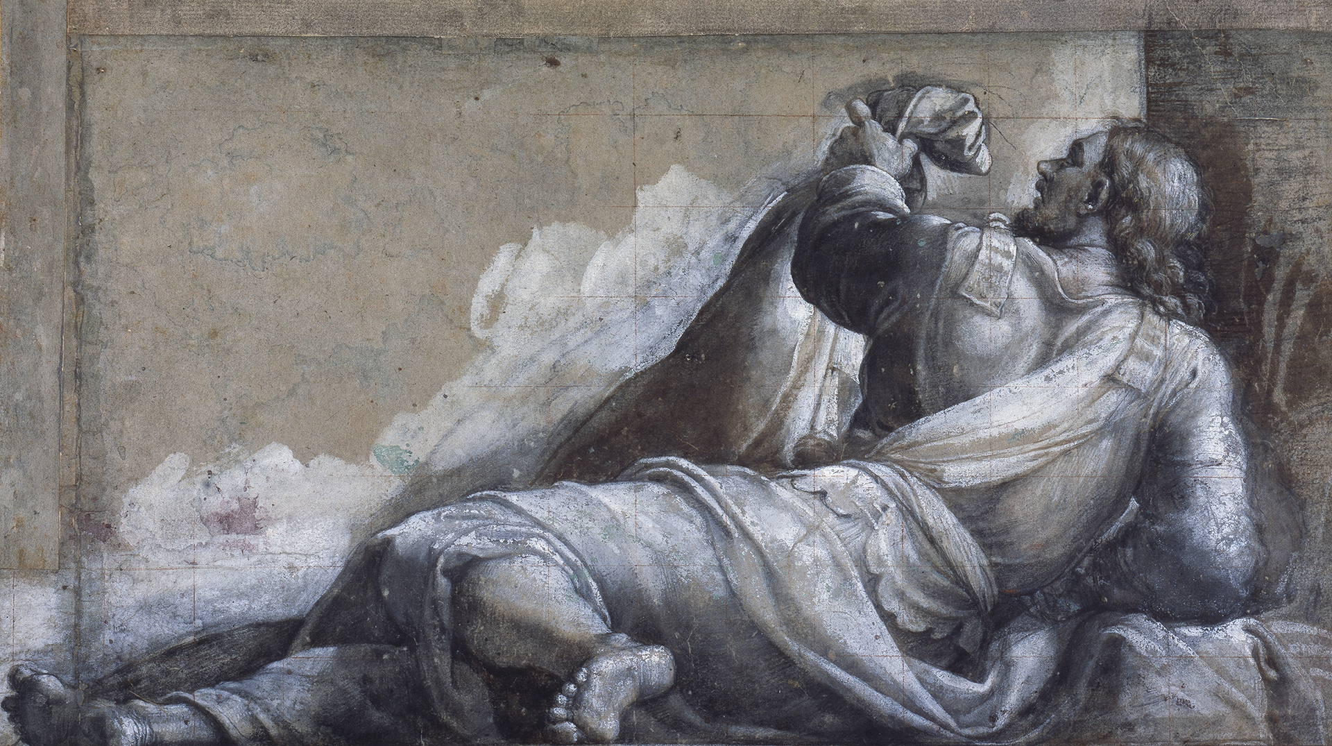 A monochrome drawing of a a male figure dressed in robes reclining while holding a sheet or fabric in his left hand. The figure has shoulder length wavy hair, a beard and bare feet.