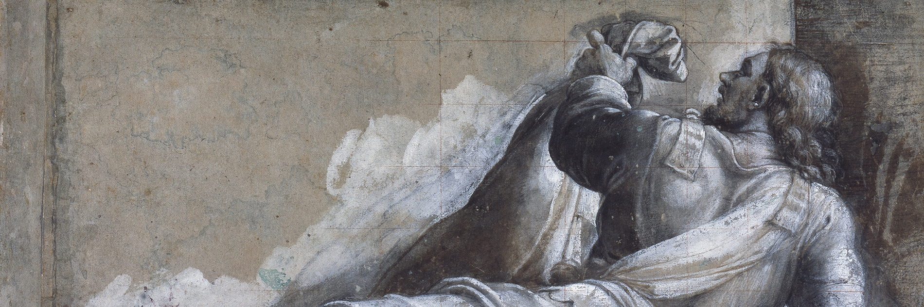 A monochrome drawing of a a male figure dressed in robes reclining while holding a sheet or fabric in his left hand. The figure has shoulder length wavy hair, a beard and bare feet.