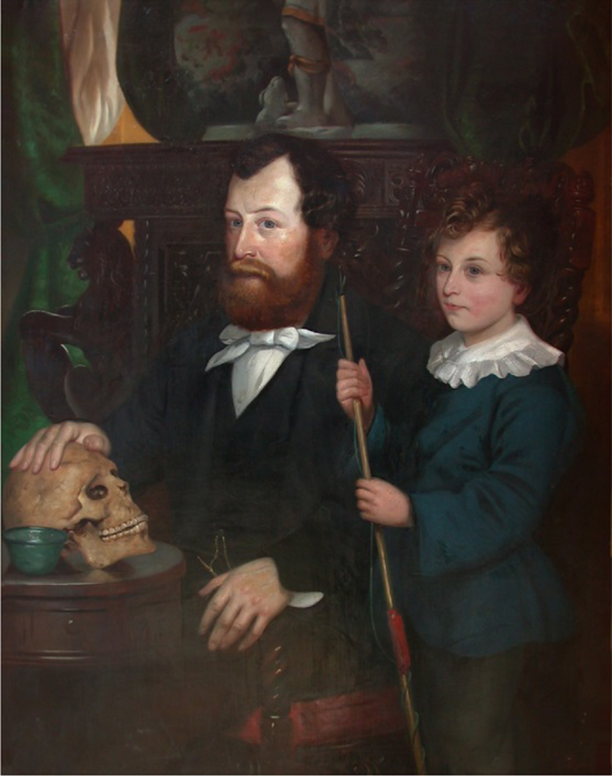 Oil painting showing a formally dressed bearded man in the centre. He is sitting next to a table on the left. His hand rests on a human skull on the table. Next to the skull is a small green glass bowl. A boy aged about nine is standing to the right of the man. He is wearing a dark blue suit with a white lace collar. He is holding a long thin stick vertically with both hands. In the background is an antique dresser with pots and a statue on top.