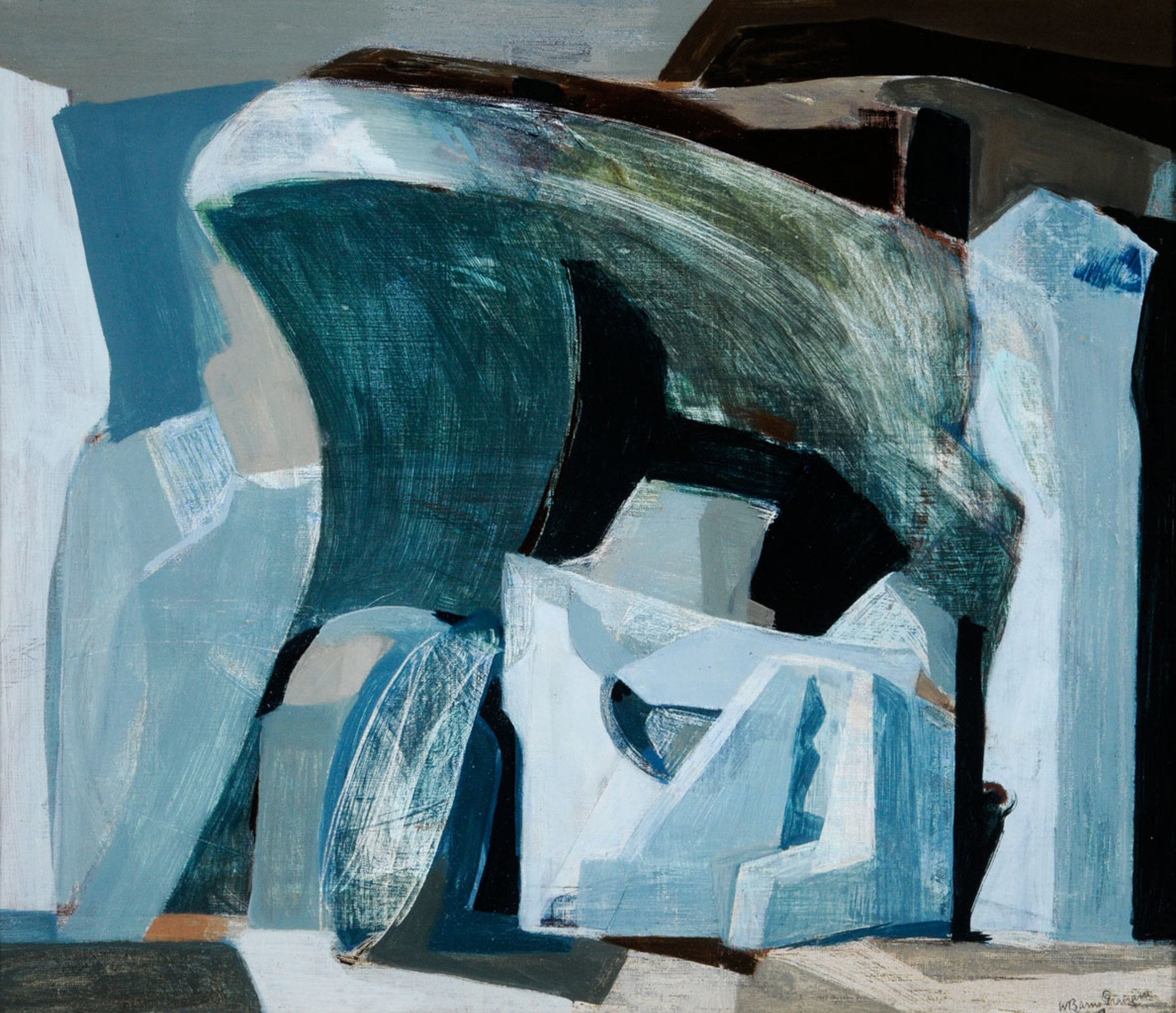Abstract painting of glacial forms in blue and grey tones.