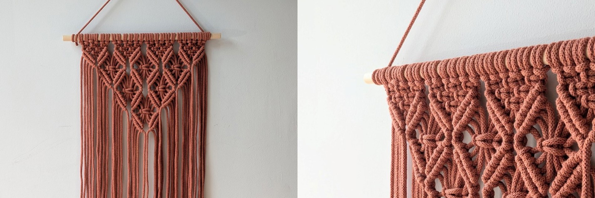 A composite image showing two views of the same macrame wall hanging. It is made of a dusty rose pink yarn, and the knots create a triangle shape coming down. Tassels hang down from the bottom of the triangle, ending in a straight line. The other photo is a more side on view of the same piece. 