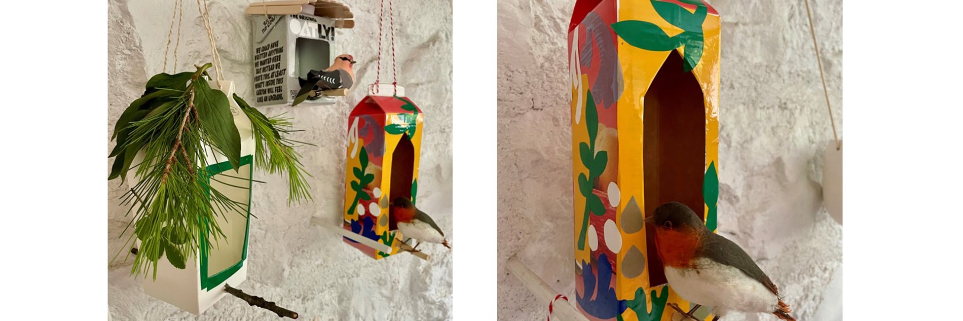 L-R: A photograph of decorated bird feeders made from Tetra Pak juice containers; a bird feeder made from a Tetra Pak juice container with a toy bird perched on the side.  