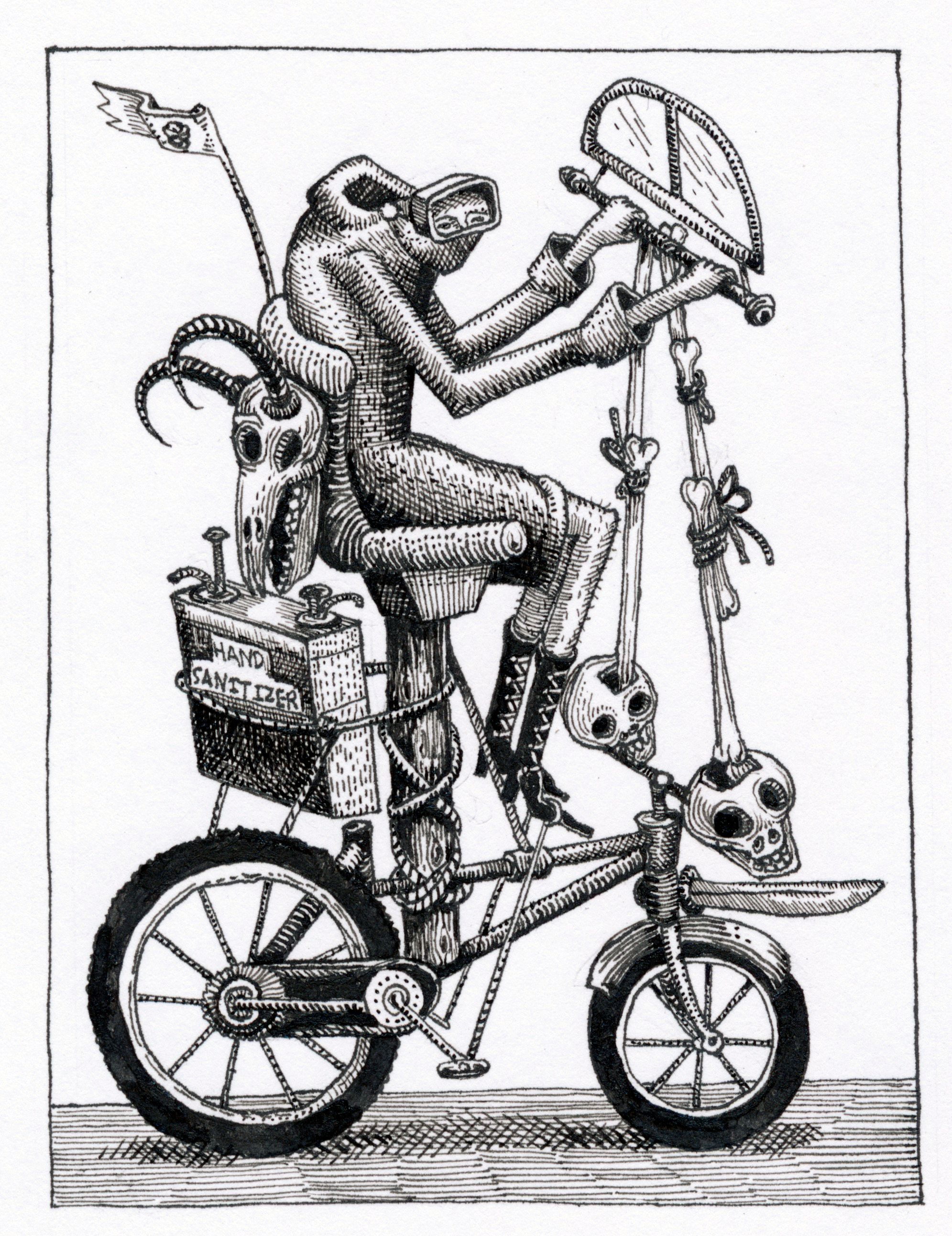 A pen and ink drawing of a human-like figure riding a modified bicycle with a box which has "hand sanitiser" printed on it. 