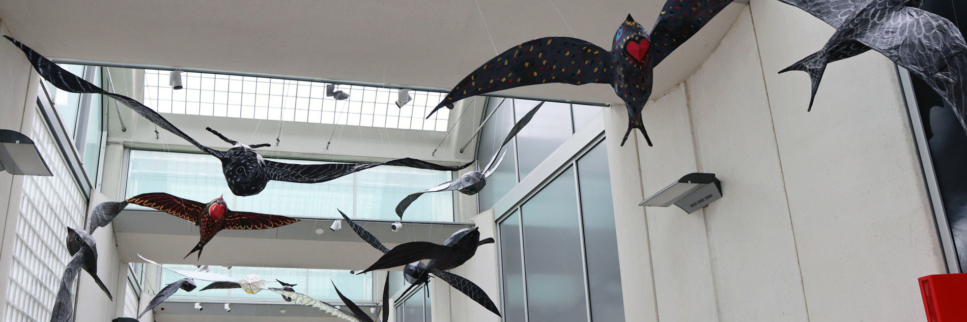 Large scale paper-mache swifts hung from the ceiling in the main thoroughfare of the Millennium Gallery.