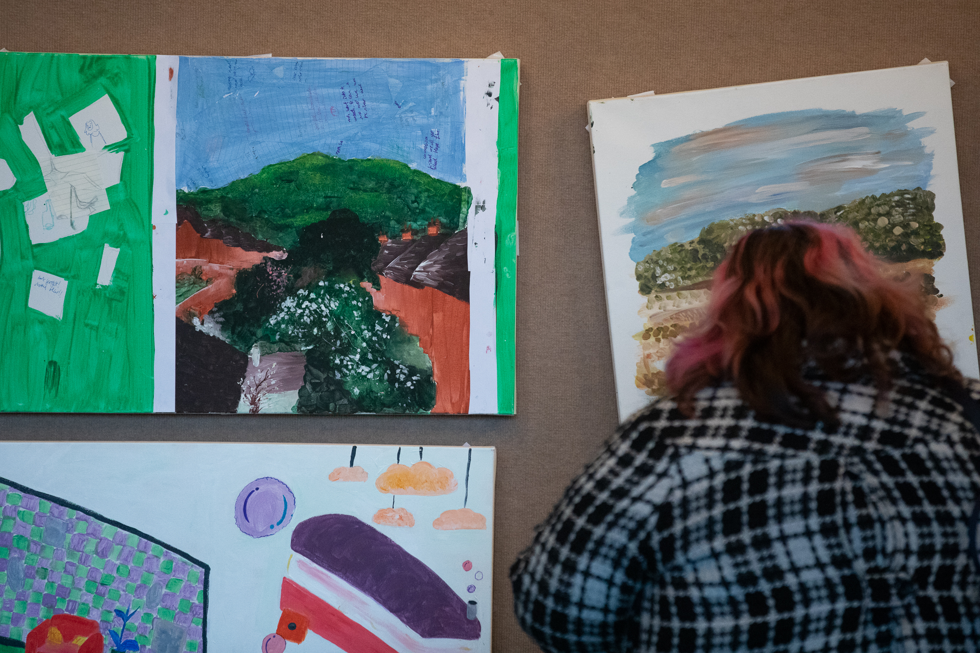 A person with shoulder length pink and black hair and a black and white check shirt in front of a display of three landscape artworks. 