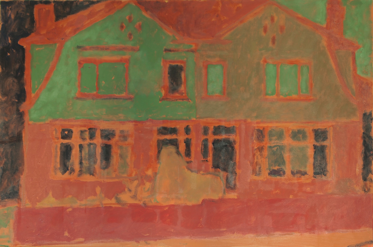 A print of two semi-detached houses. The garden wall is shown in red ink, the bottom floors of the houses in orange and the tops in green. The windows and the house are outlined in orange. 