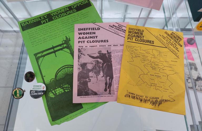 Pamphlets and badges from 'Sheffield Women Against Pit Closures'  