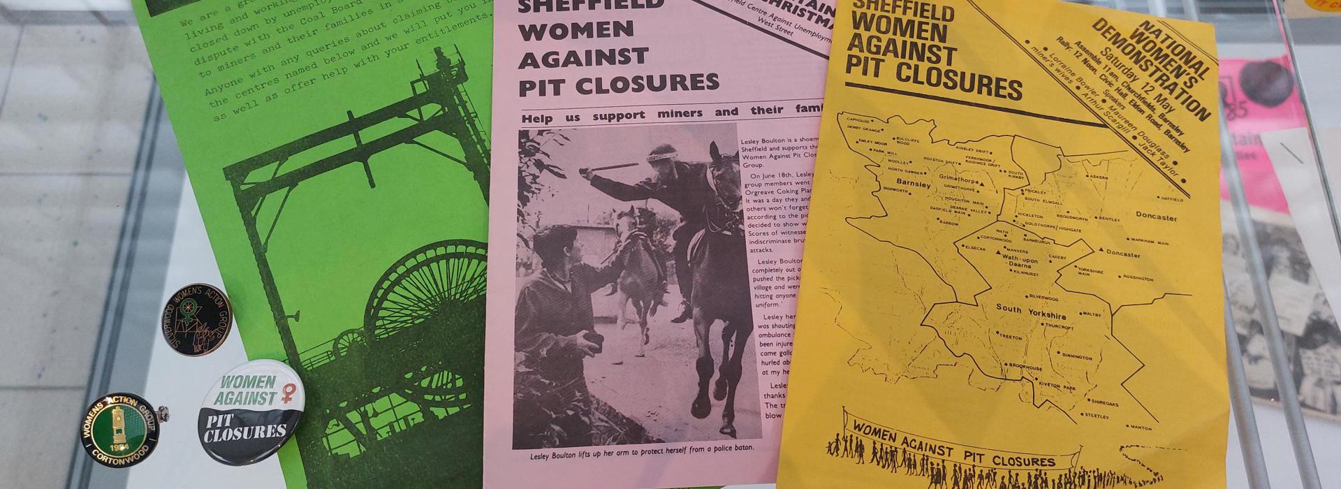 Pamphlets and badges from 'Sheffield Women Against Pit Closures'  