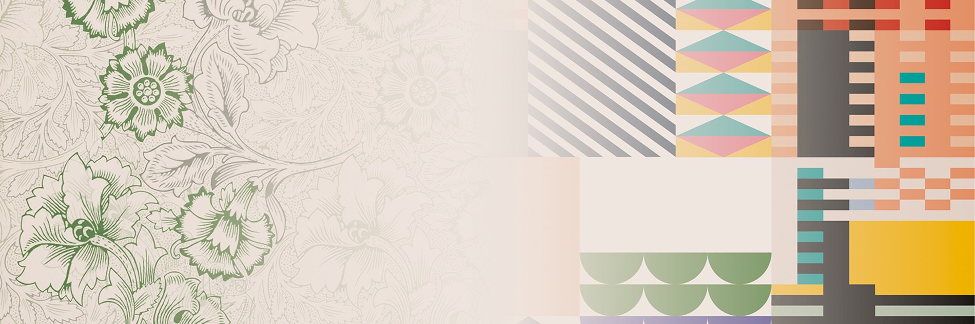A digital collage on a cream coloured background. On the left is a flower pattern in green and grey lines. On the right is a composition of multicoloured geometric shapes.