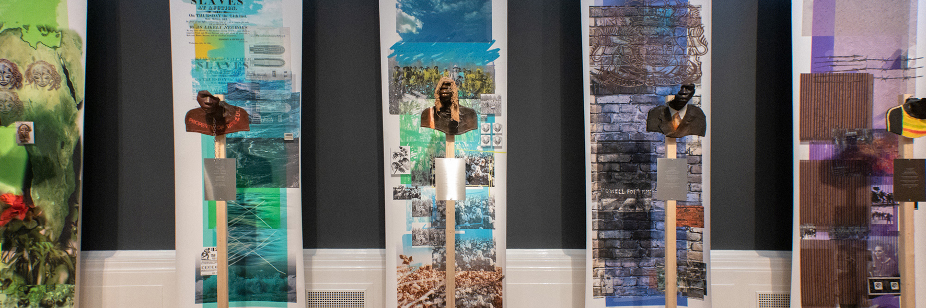 Five scuptures of shoulders and partial faces, all against collages themed around black history.