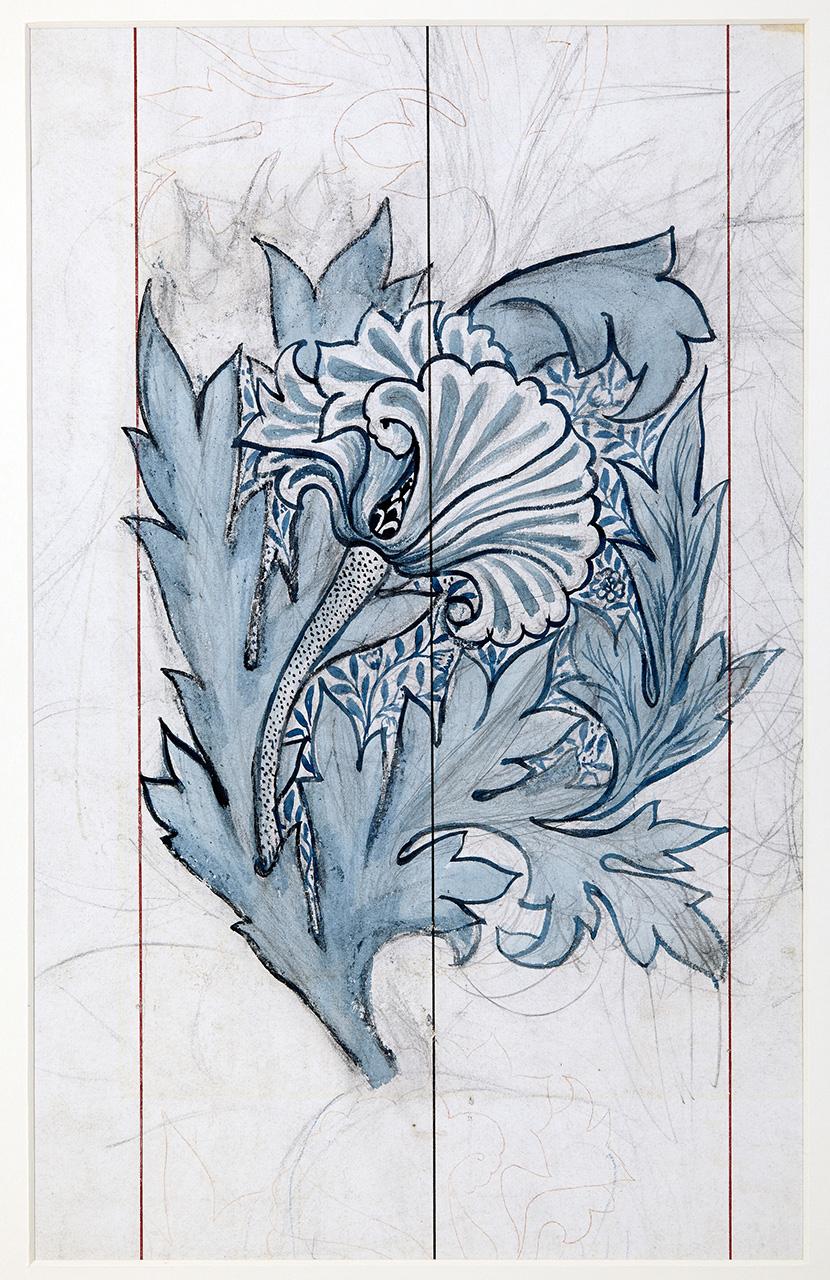 An illustration of flowers and foliage in blue against a grey background. The image is bisected by three vertical lines,