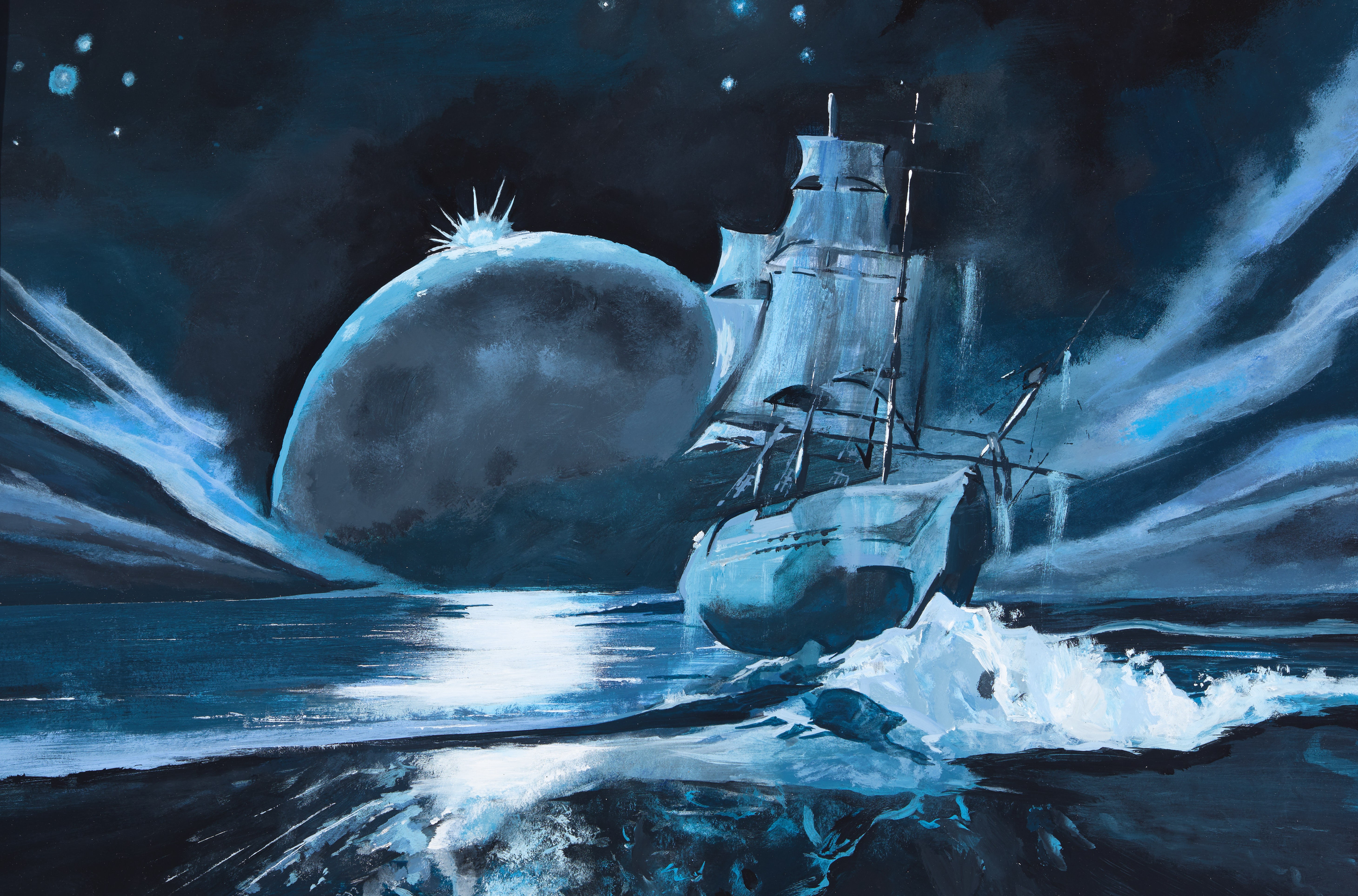 A painting of a large ship with sails on the sea at night. There is a large moon in the centre of the image. The whole image is painted in tones of blue, black, white and grey.