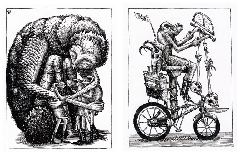 2 pen and ink drawings (left to right): a bird-like figure sitting down and hugging 3 human-like figures; a human-like figure riding a modified bicycle with a box which has "hand sanitiser" printed on it. 