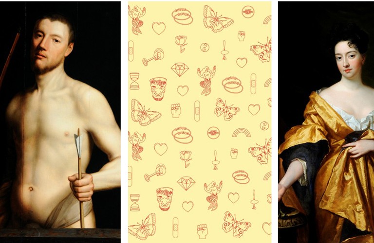 3 images (L-R): A painting of an man with a naked torso holding a bow and arrow; An illustration of objects and themes from the display including a butterfly, heart and rainbow; A painting of an woman wearing a gold and cream dress 