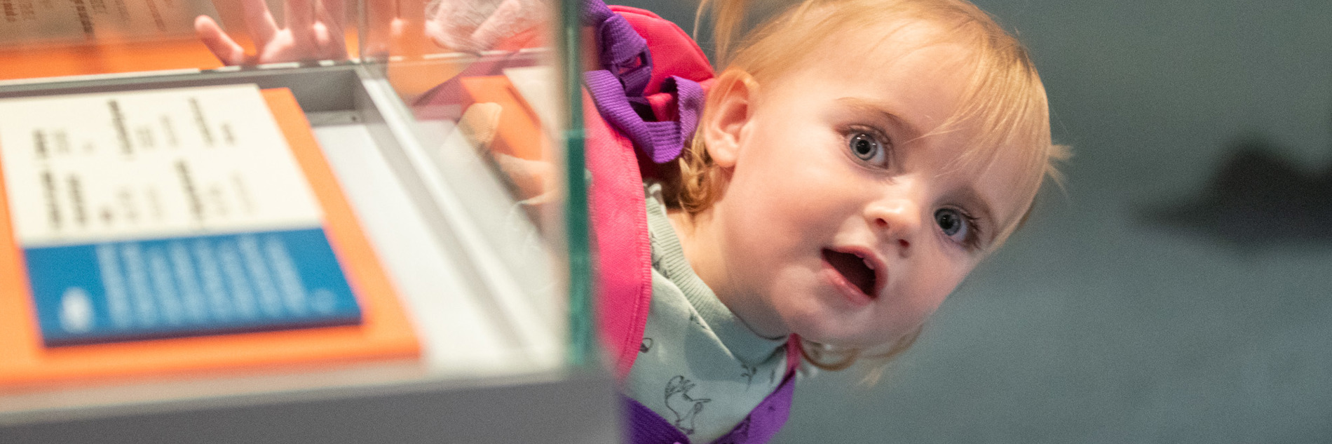 A young child with their mouth open, peeking round a display case. 