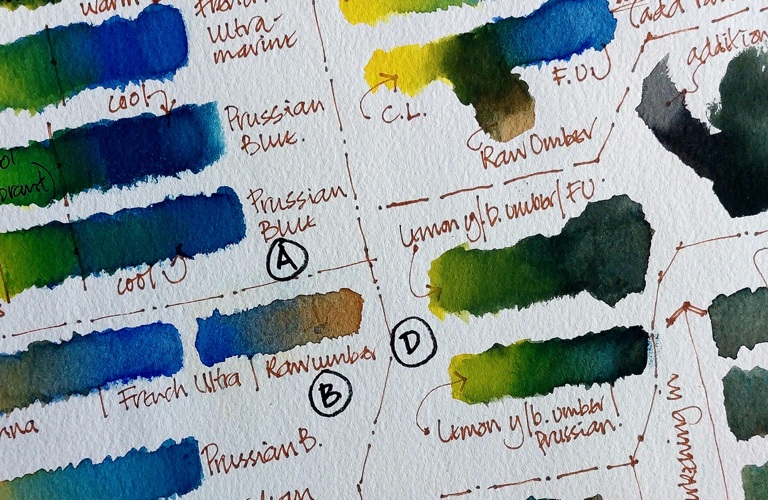 A photograph showing a collection of annotated gradient swatches on paper.