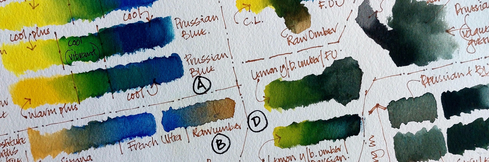 A photograph showing a collection of annotated gradient swatches on paper.