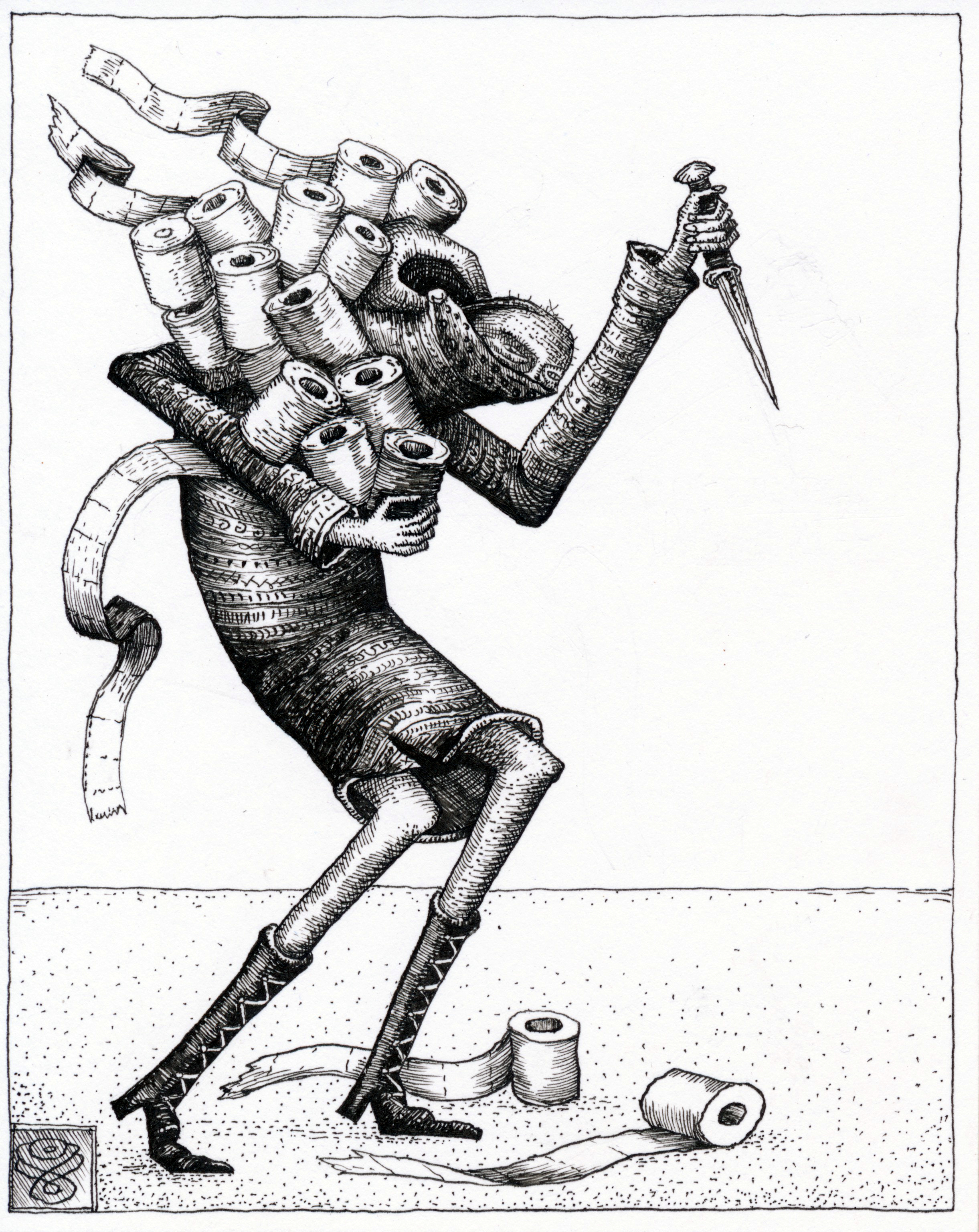 A pen and drink drawing of a human-like figure carrying a large amount of toilet rolls and a dagger. 