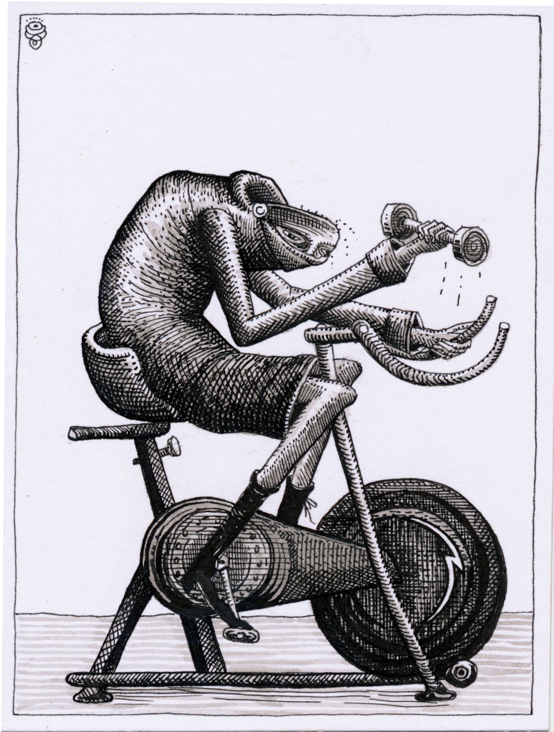 A pen and ink drawing of a human-like figure on an exercise bike holding a dumbbell. 