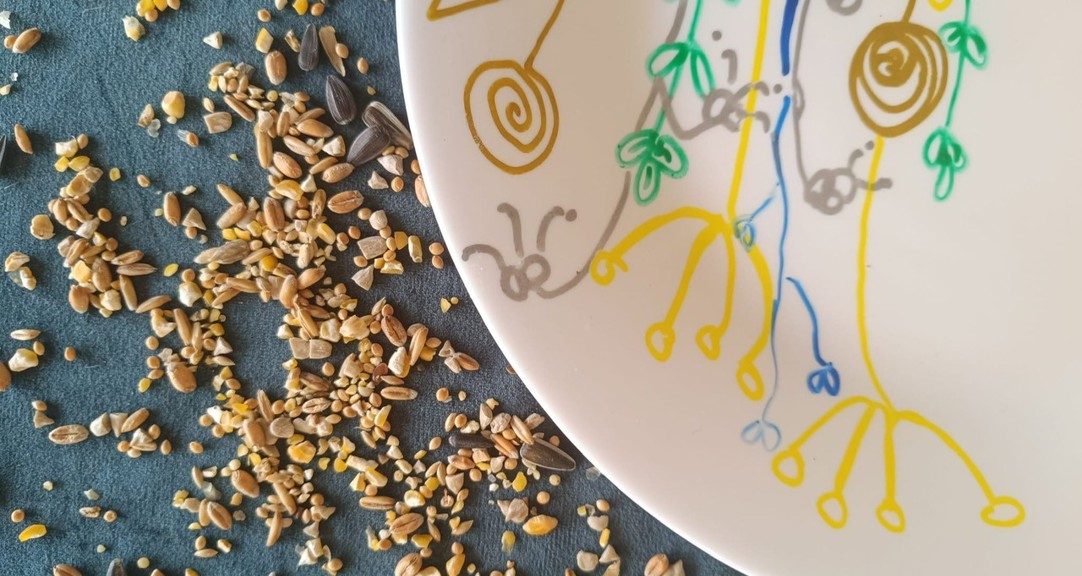 A photograph of a decorated plate next to seeds and nuts. 