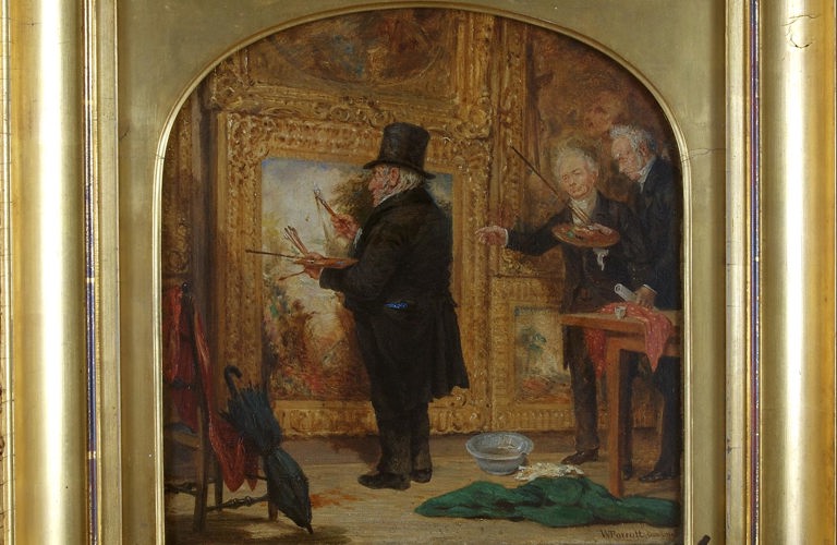 A photograph of a Turner painting displayed in a golden frame. The painting shows an older man in smart dress standing in front of a large canvas. He holds a variety of paintbrushes as two similarly dressed me look on, seemingly instructing him. There is an umbrella propped up in the foreground and a large green cloth discarded on the floor. 