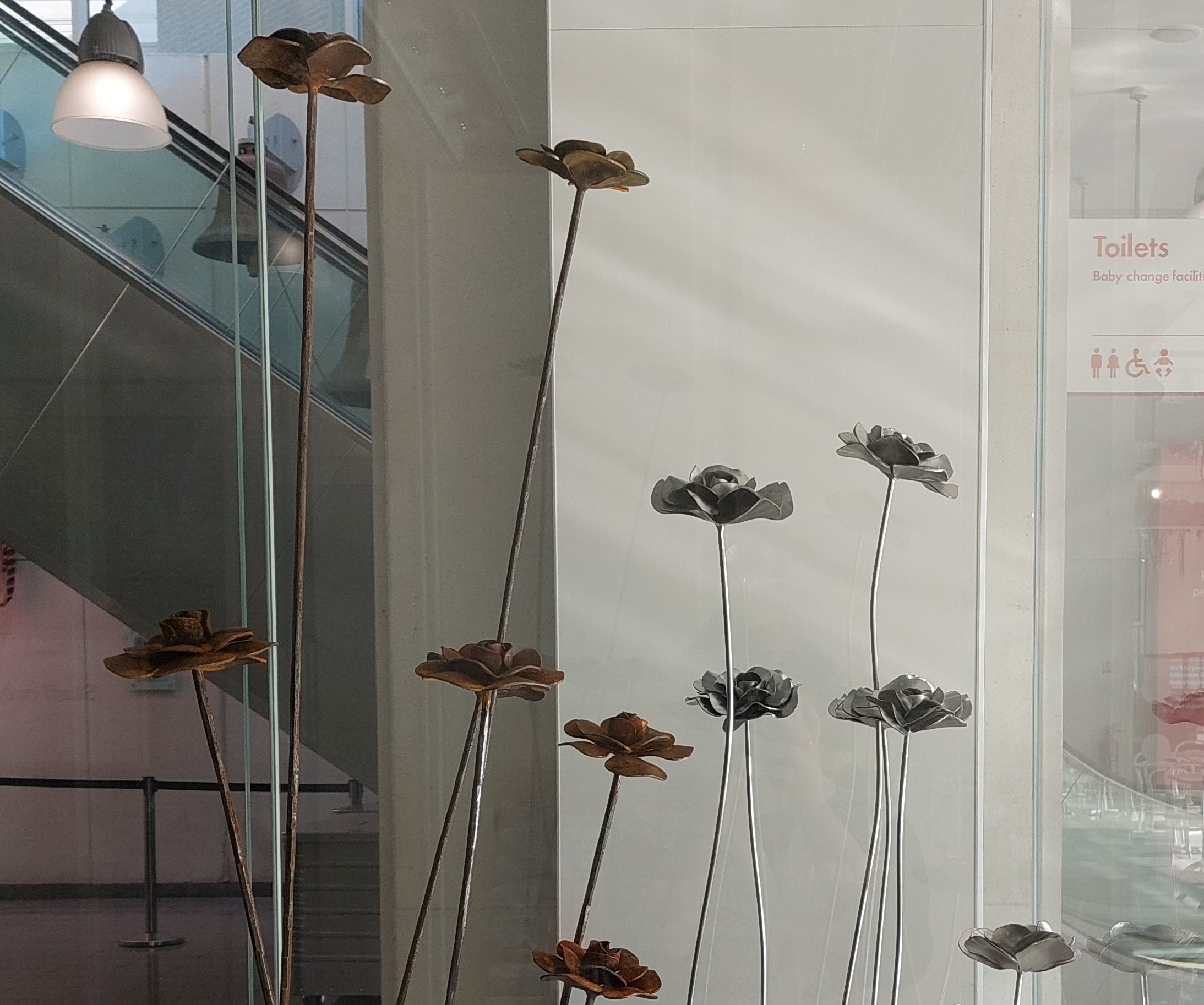 A photograph of eleven steel roses inside a glass display case.