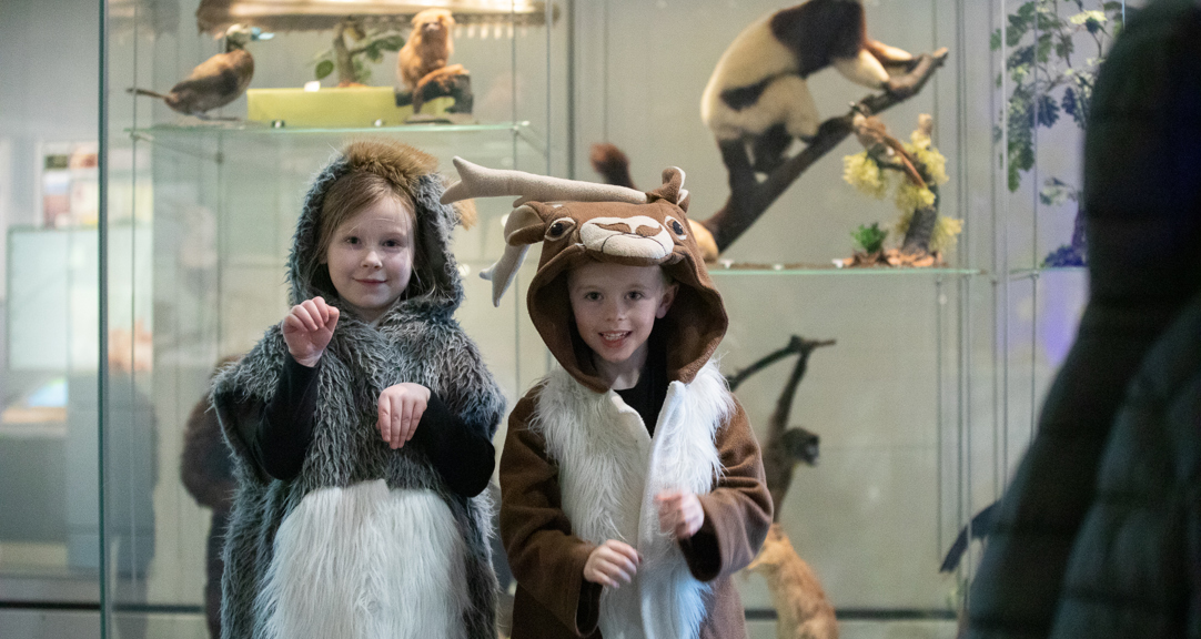 Two primary school aged children, one dressed as a deer and the other in a grey furred hooded, sleeveless outfit.