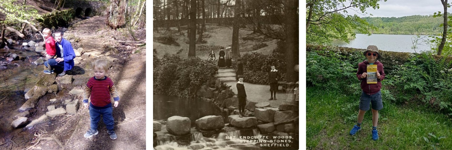 A collage of three images: 1) an adult and two small children pose in the sunshine by a brook, 2) a historic photo taken at the stepping stones in Ecclesall woods - in the foreground two older children stand on and by the stones, in the background a child and two adults all wearing long dresses stand on the path behind them., 3) a child in in a hat and sunglasses holds a map stood in front of a stone wall, which is in front of a lake or reservoir.